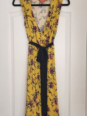 Modcloth Outgoing Guidance Knit Dress - Yellow Floral Midi Dress with Navy Tie